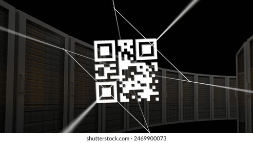 Image of qr code on lines over server system racks against black background. Digital composite, multiple exposure, barcode, banking, data center, networking, network security and technology. - Powered by Shutterstock