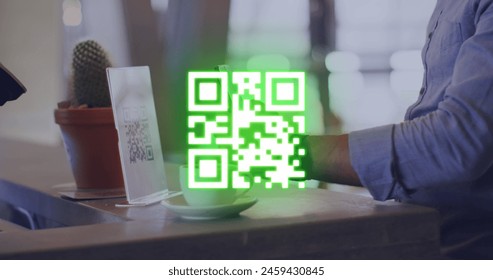 Image of qr code over biracial businessman using smartphone. Global business and digital interface concept digitally generated image.