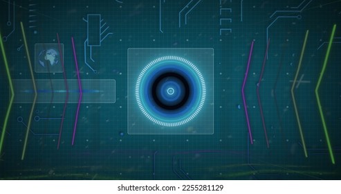 Image of qr code over circles with arrows against circuit board pattern and globe. Digitally generated, hologram, barcode, banking, illuminated, globalization and technology concept.