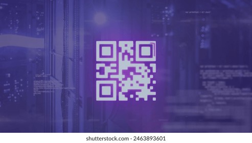 Image of qr code over computer language against server room in background. Digital composite, multiple exposure, barcode, banking, coding, technology and network server concept. - Powered by Shutterstock