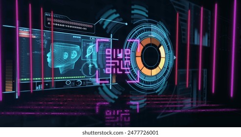 Image of qr code over digital interface, copy space. global data processing, technology and connections concept digitally generated image