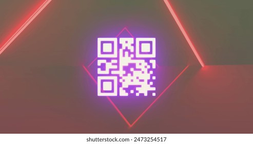 Image of qr code over neon shapes. Global business and digital interface concept digitally generated image.