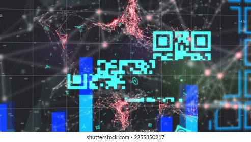 Image of qr code over network of connections on black background. global technology, computing and digital interface concept digitally generated image.