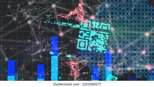 Image of qr code over network of connections on black background. global technology, computing and digital interface concept digitally generated image.