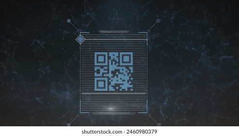Image of qr code over network of connections on black background. Global technology, online security and digital interface concept digitally generated image.