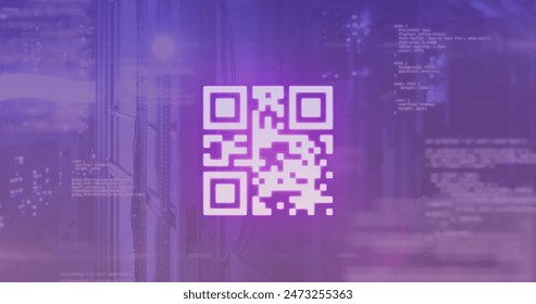 Image of qr code and programming language over server room in background. Digital composite, multiple exposure, barcode, banking, coding, technology and network server concept. - Powered by Shutterstock