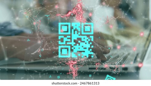 Image of qr code scanner over mid section of a woman using a laptop at office. Digital payments and business technology concept