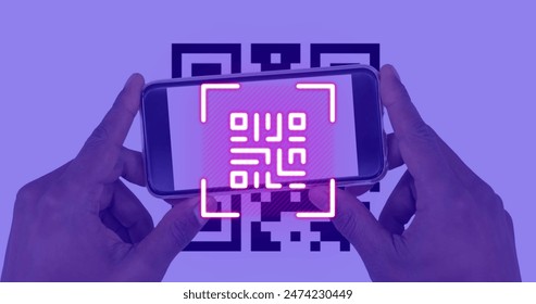 Image of qr code and qr code scanning on smartphone. global internet security, data processing and digital interface concept digitally generated image.
