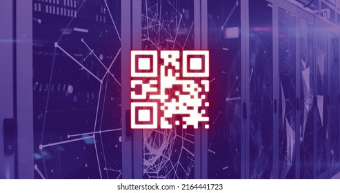 Image of qr code scanning over computer servers. global internet identity, data processing and technology concept digitally generated image.