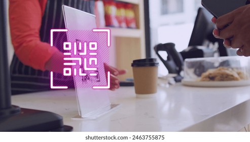 Image of qr code scanning over man paying with smartphone in shop. Global shopping, business, finance, computing and data processing concept digitally generated image.