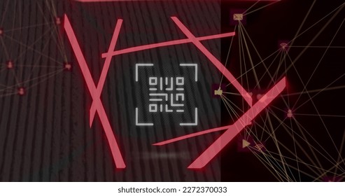Image of qr code and shapes over network of connections. Global business and digital interface concept digitally generated image.