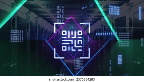 Image of qr code and shapes over server room. Global technology, computing and digital interface concept digitally generated image. - Powered by Shutterstock - Get 15% off with code: PIKWIZARD15