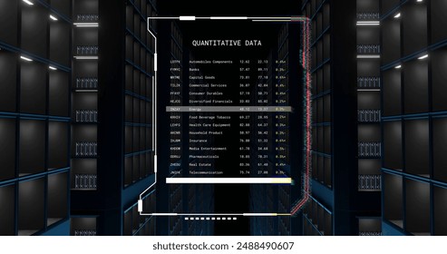 Image of quantitive data file processing over dark computer server room. Connection, data, processing, business, digital interface and communication, digitally generated image. - Powered by Shutterstock - Get 15% off with code: PIKWIZARD15