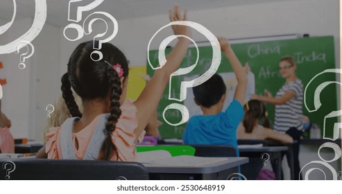 Image of question marks over diverse schoolchildren raising hands. Global education and digital interface concept digitally generated image. - Powered by Shutterstock