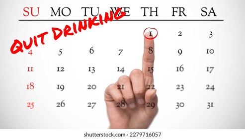 Image of quit drinking in red text and finger pointing to january 1st on calendar. dry january, alcohol awareness campaign and new year healthcare concept digitally generated image. - Powered by Shutterstock