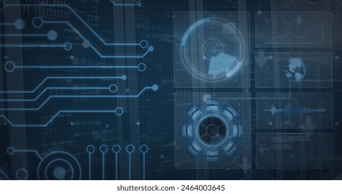 Image of radar, arc reactor, globe and computer language over server room. Digital composite, multiple exposure, globalization, coding, data center, networking, technology and network server.