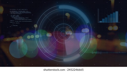 Image of radar, computer language, graphs over lens flare and moving vehicles on highway. Digital composite, multiple exposure, sonar, report, business, coding and technology concept. - Powered by Shutterstock - Get 15% off with code: PIKWIZARD15