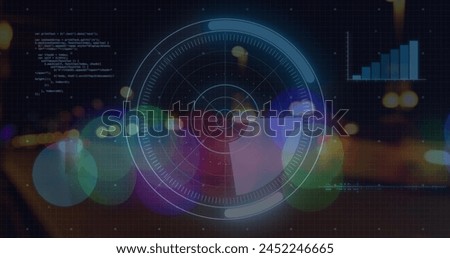 Image of radar, computer language, graphs over lens flare and moving vehicles on highway. Digital composite, multiple exposure, sonar, report, business, coding and technology concept.