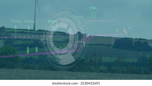 Image of radar, graph and loading bar over windmill on landscape against clear sky. Digital composite, multiple exposure, report, business, sustainable energy, power generation and technology.