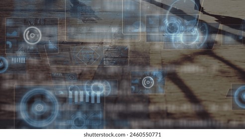 Image of radars, circles, graphs, computer language over low section of people walking on street. Digital composite, multiple exposure, sonar, shape, coding, abstract and technology concept.