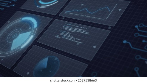 Image of radars, graphs, loading circles, circuit board pattern and computer language. Digitally generated, hologram, illustration, report, business, sonar, coding, programming and technology.