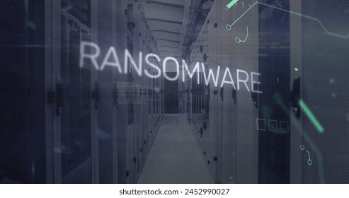 Image of ransomware text, computer language, electronic circuit board pattern over server room. Digital composite, malware, virus, networking, technology, data center, security and network server.