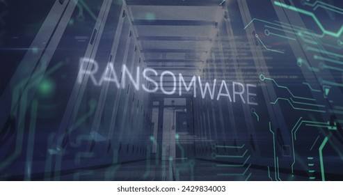 Image of ransomware text and data processing over server room. Global business and digital interface concept digitally generated image.
