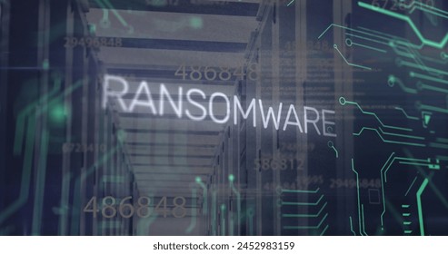 Image of ransomware text and numbers with electronic circuit board pattern over server room. Digital composite, malware, virus, networking, technology, data center, security and network server.