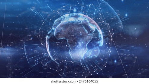 Image of rays around illuminated rotating globe in circles, numbers over abstract background. Digitally generated, hologram, illustration, blue, globalization, growth and technology concept. - Powered by Shutterstock