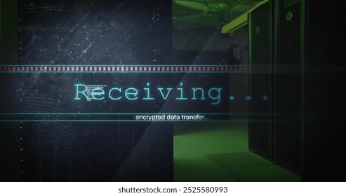 Image of receiving, encrypted data text on interface processing over server room. Network, data, processing, digital interface and communication, digitally generated image. - Powered by Shutterstock