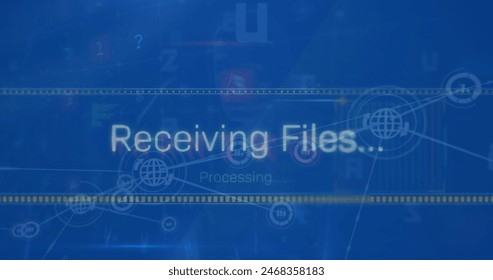 Image of receiving files text and data processing. Global computing, networks, connections and data processing concept digitally generated image.