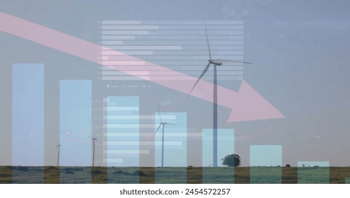 Image of red arrow and financial data processing over wind turbines field in countryside. Global environment, business and data processing concept digitally generated image. - Powered by Shutterstock