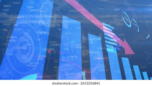 Image of red arrow with statistics processing over scopes scanning. global business, finances, data processing and digital interface concept digitally generated image.