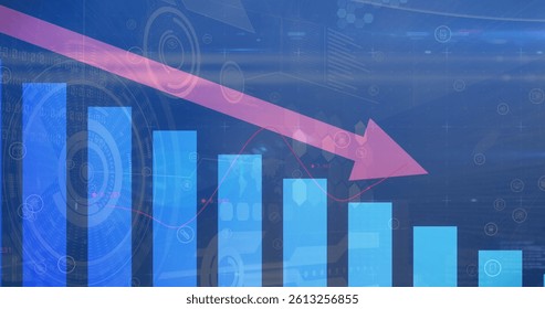 Image of red arrow with statistics processing over scopes scanning. global business, finances, data processing and digital interface concept digitally generated image.