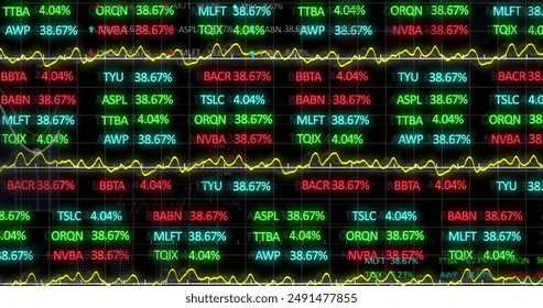 Image of red, blue and green stock market and graphs over balck background. technology, network, futuristic, communication.