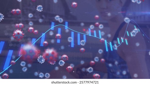 Image of red and blue virus cells and graph processing over asian woman at gym. Connection, data, science, healthcare, network, digital interface and communication, digitally generated image.