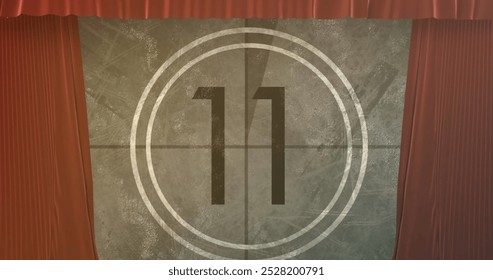 Image of red curtain over countdown. Abstract background, pattern and digital interface concept digitally generated image.