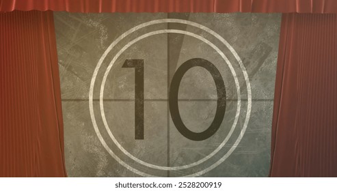 Image of red curtain over countdown. Abstract background, pattern and digital interface concept digitally generated image.