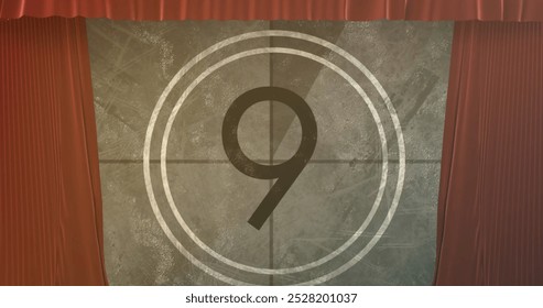 Image of red curtain over countdown. Abstract background, pattern and digital interface concept digitally generated image.