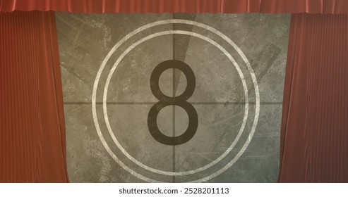 Image of red curtain over countdown. Abstract background, pattern and digital interface concept digitally generated image.