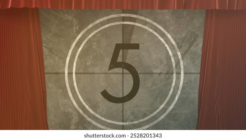 Image of red curtain over countdown. Abstract background, pattern and digital interface concept digitally generated image.