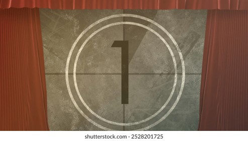 Image of red curtain over countdown. Abstract background, pattern and digital interface concept digitally generated image.