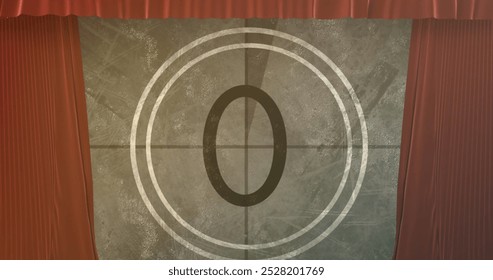 Image of red curtain over countdown. Abstract background, pattern and digital interface concept digitally generated image.