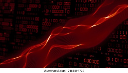 Image of red flowing data transfer and binary coding over black background. Global artificial intelligence, connections, computing and data processing concept digitally generated image.