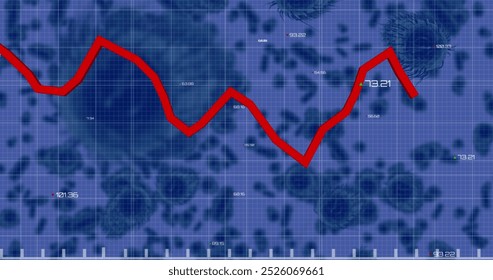 Image of red graph with data processing over virus cells. Global communication, data and digital interface concept digitally generated image.