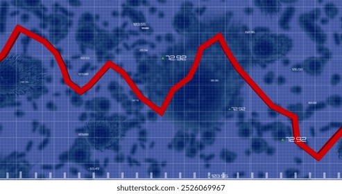 Image of red graph with data processing over virus cells. Global communication, data and digital interface concept digitally generated image.