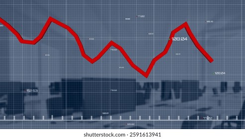Image of red graph processing data over computers on desks at office. Connection, network, processing, data, business and communication, digitally generated image.