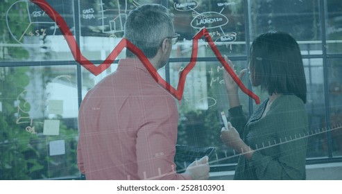 Image of red line and data processing over diverse business people in office. Global business, finances, computing and data processing concept digitally generated image.
