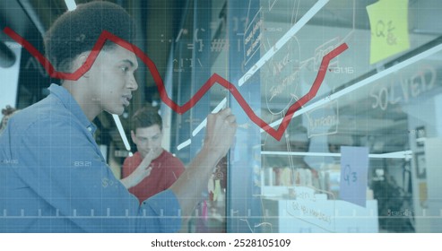 Image of red line and data processing over diverse business people in office. Global business, finances, computing and data processing concept digitally generated image. - Powered by Shutterstock - Get 15% off with code: PIKWIZARD15