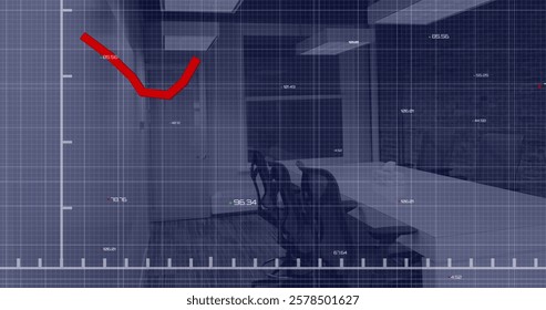 Image of red line and data processing over office. Global finance, business, connections, computing and data processing concept digitally generated image.